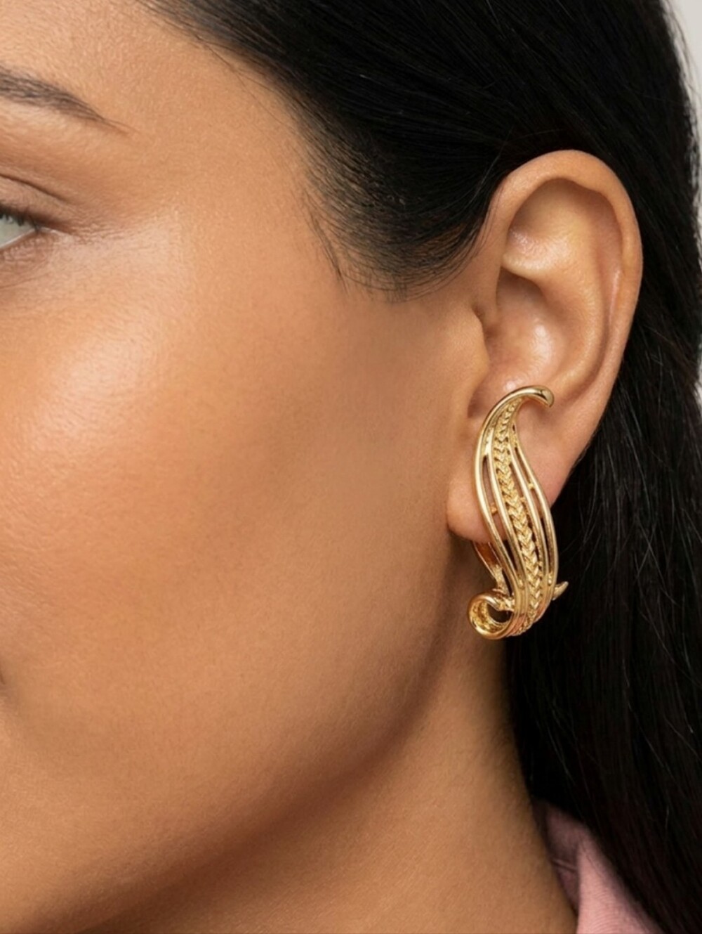 D'Orlan Signed Elegant Gold Plated Curved Filigree Hoop Earrings - Women Jewelry